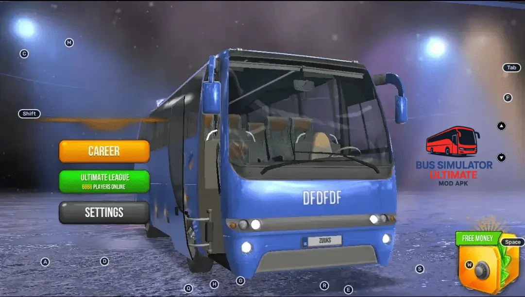 PC 4 Career mode main menu with a blue bus and options for career, ultimate league, and settings.