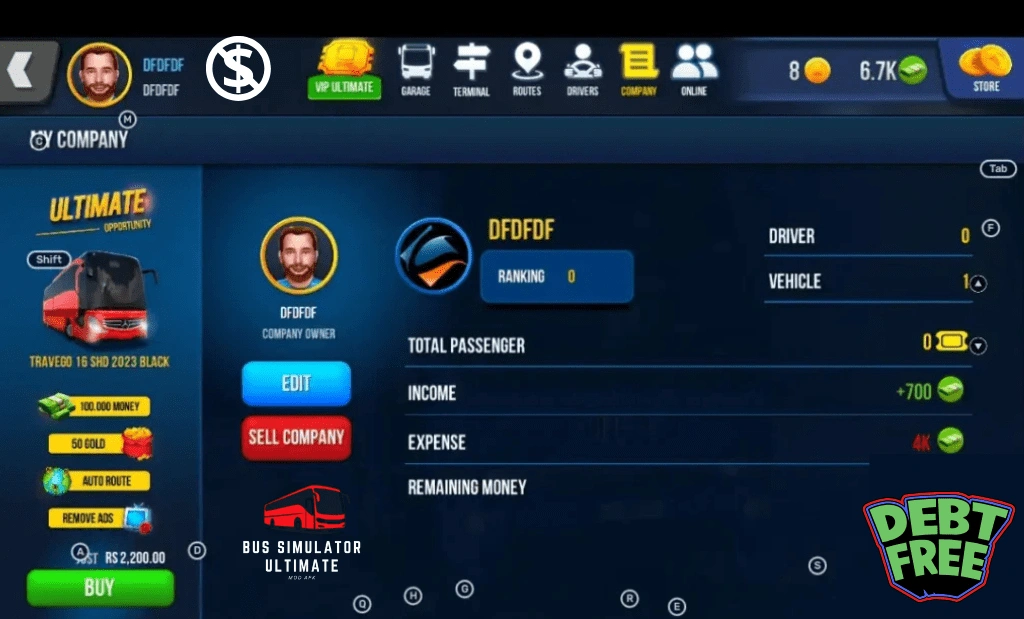 PC 6 Simulator Ultimate company dashboard showing player profile, income, expense, and total passenger details