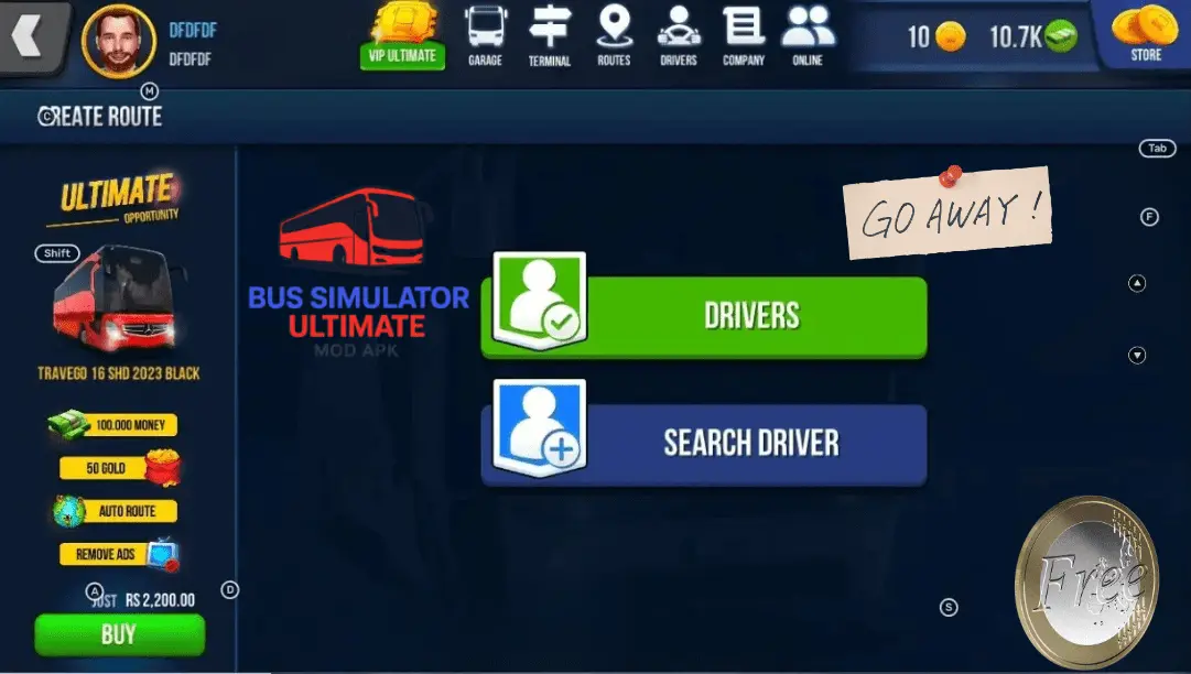 PC 7 Route screen showing drivers and search driver options in the mod APK version.