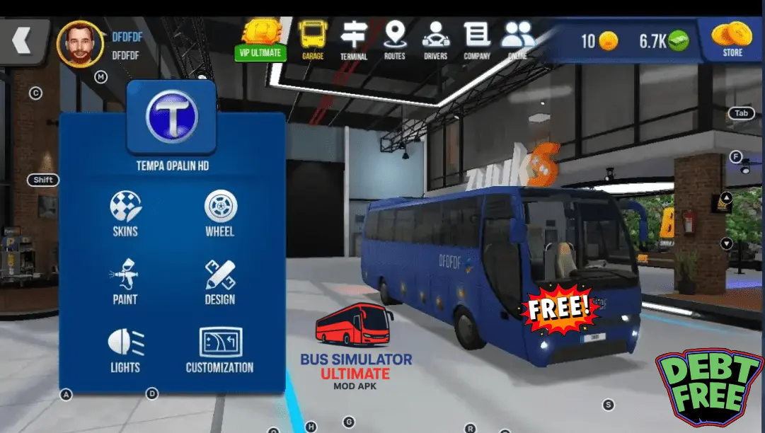 PC 12 Garage customization screen showing options for skins, wheel, paint, design, and lights.