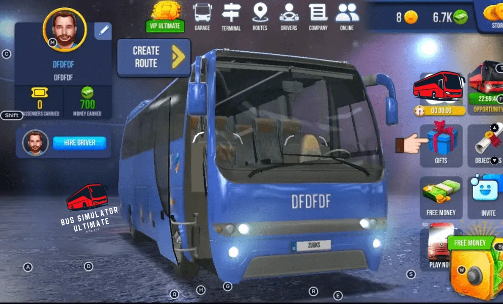 PC 5 Main menu screen with bus, player profile, create route, hire driver, and free rewards options.