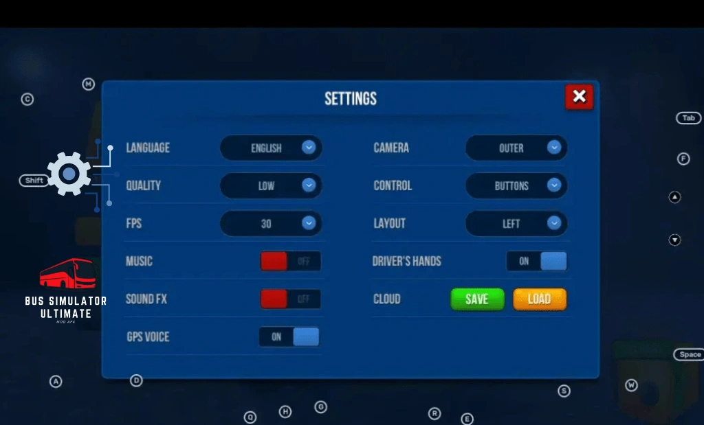 PC 13 Settings screen options for language, camera, quality, controls, and GPS voice
